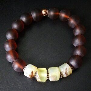 Gorgeous Primal Rustic ~ Recycled Brown Glass Beads + Pale Green Agates ~ Pick 1